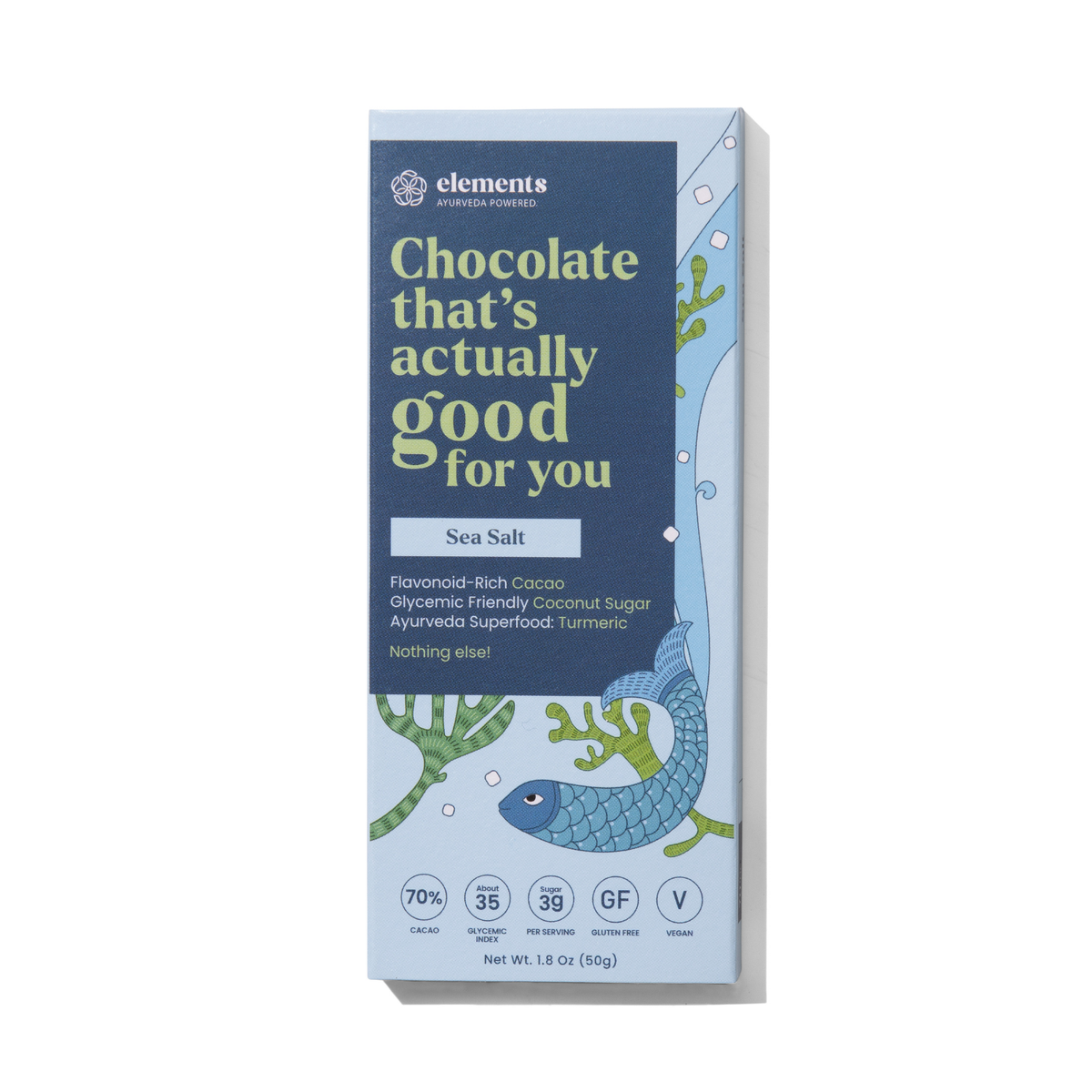 Chocolate bar packaging with 'elements' branding on a white background