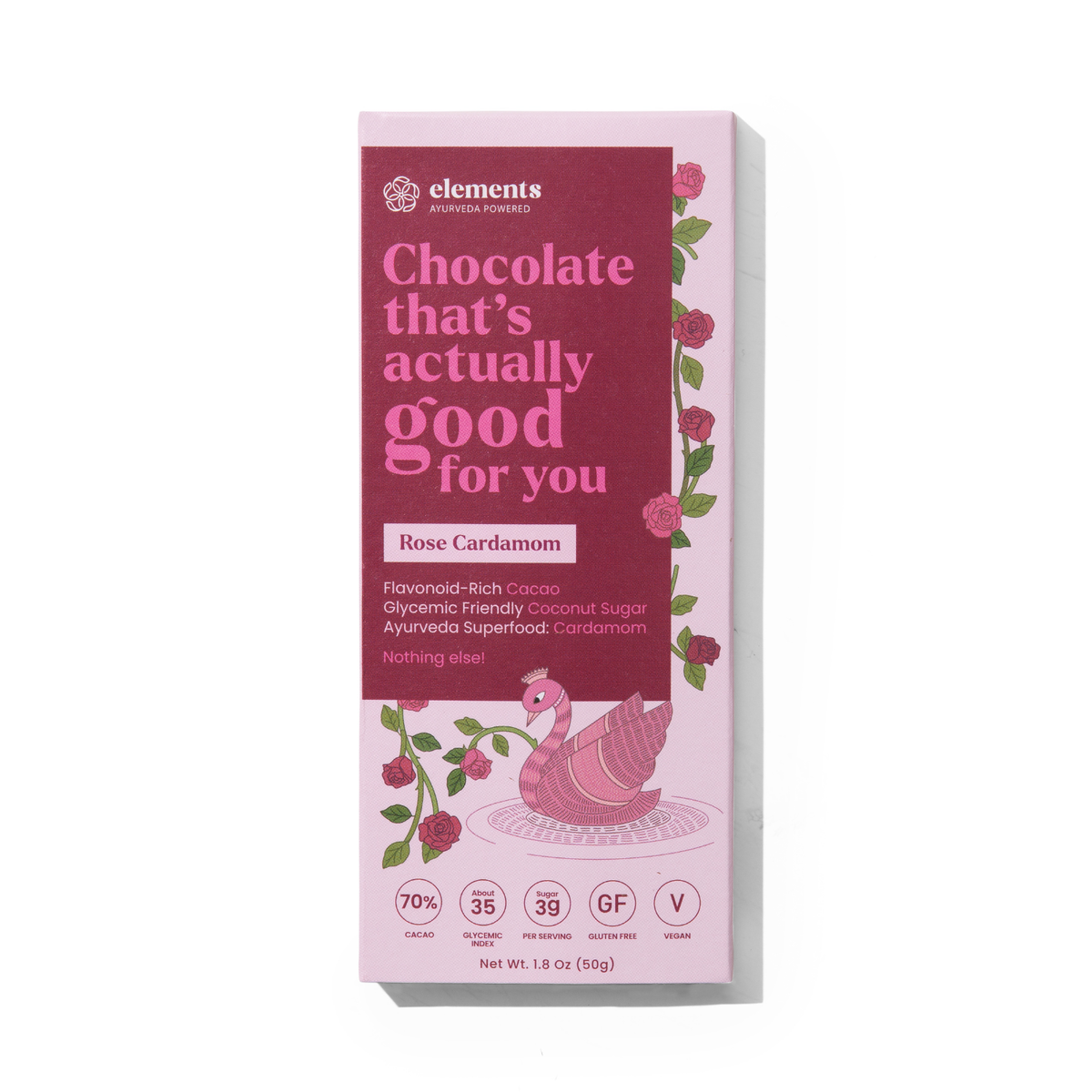 Pink packaging of 'elements' chocolate with text and branding on a white background