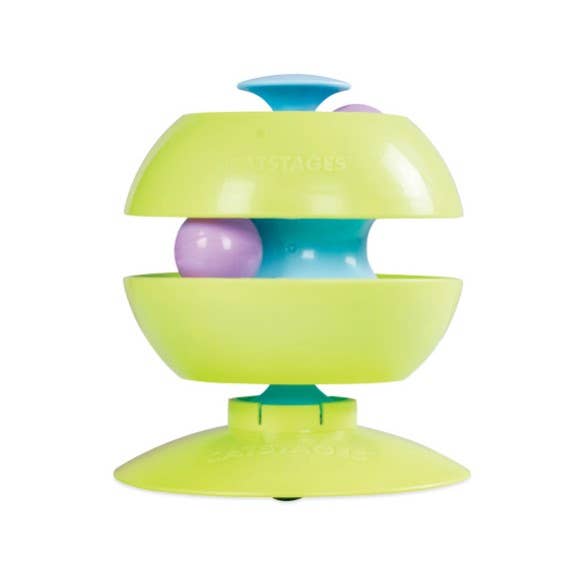 A colorful plastic baby toy with a segmented, rotating design in lime green, turquoise, and purple, shown on a plain white background.