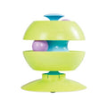 A colorful plastic baby toy with a segmented, rotating design in lime green, turquoise, and purple, shown on a plain white background.
