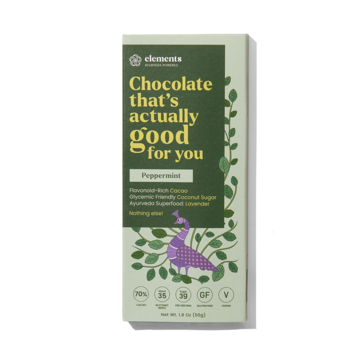 Elements Truffles Peppermint 70% dark chocolate bar with peacock illustration on a white background