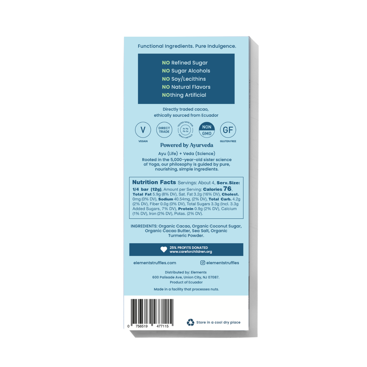 Back of a chocolate bar packaging with nutritional information and ingredient list on a light blue background