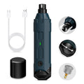 A handheld electric nail grinder shown on a white background with a white USB charging cable, a black cylindrical battery or charger, and three circular detail insets showing the grinding head, rotation, and a sanding disc.