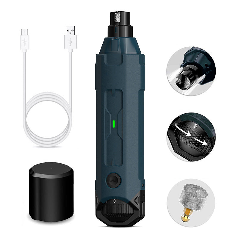 A handheld electric nail grinder shown on a white background with a white USB charging cable, a black cylindrical battery or charger, and three circular detail insets showing the grinding head, rotation, and a sanding disc.