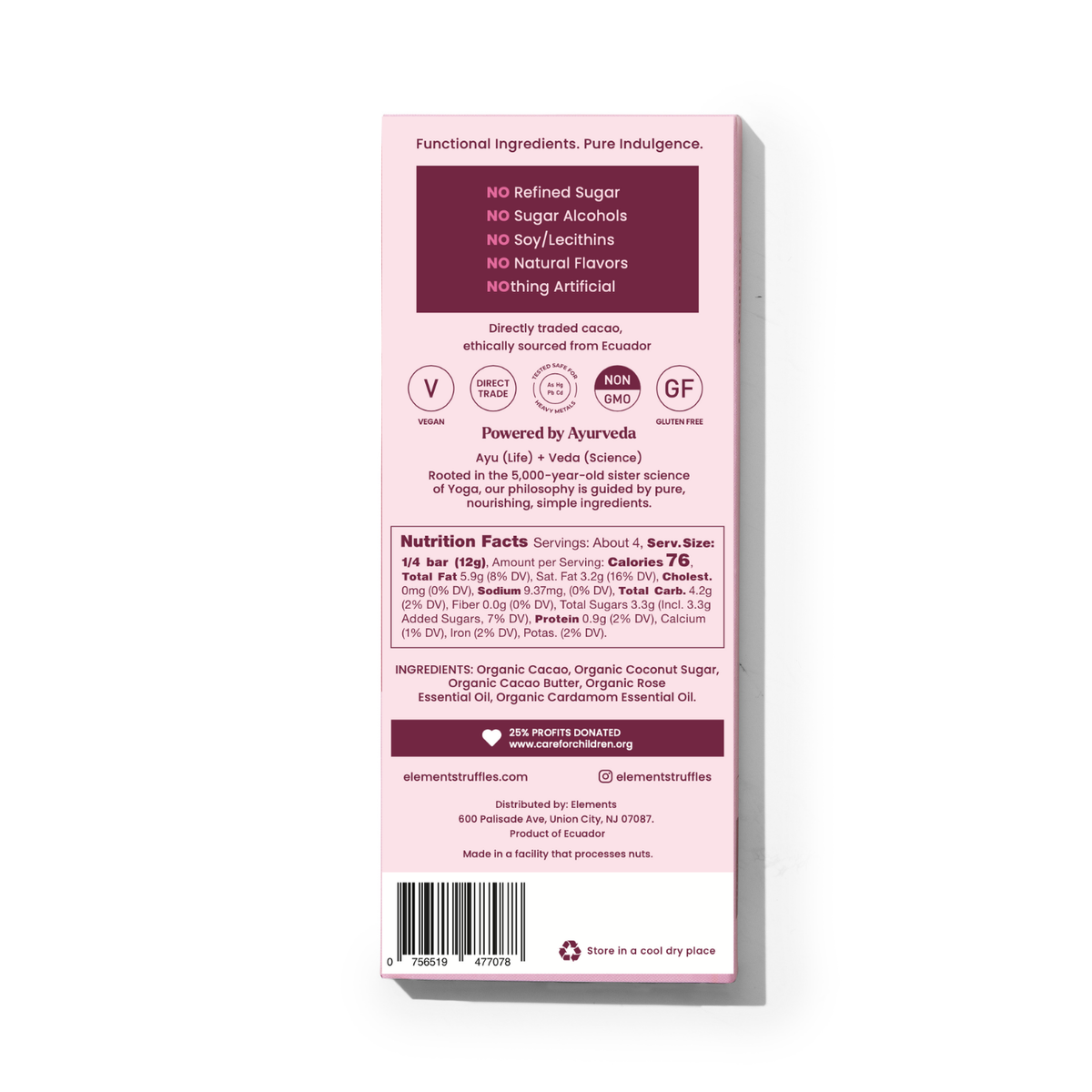 Pink chocolate bar packaging with nutritional information on a white background