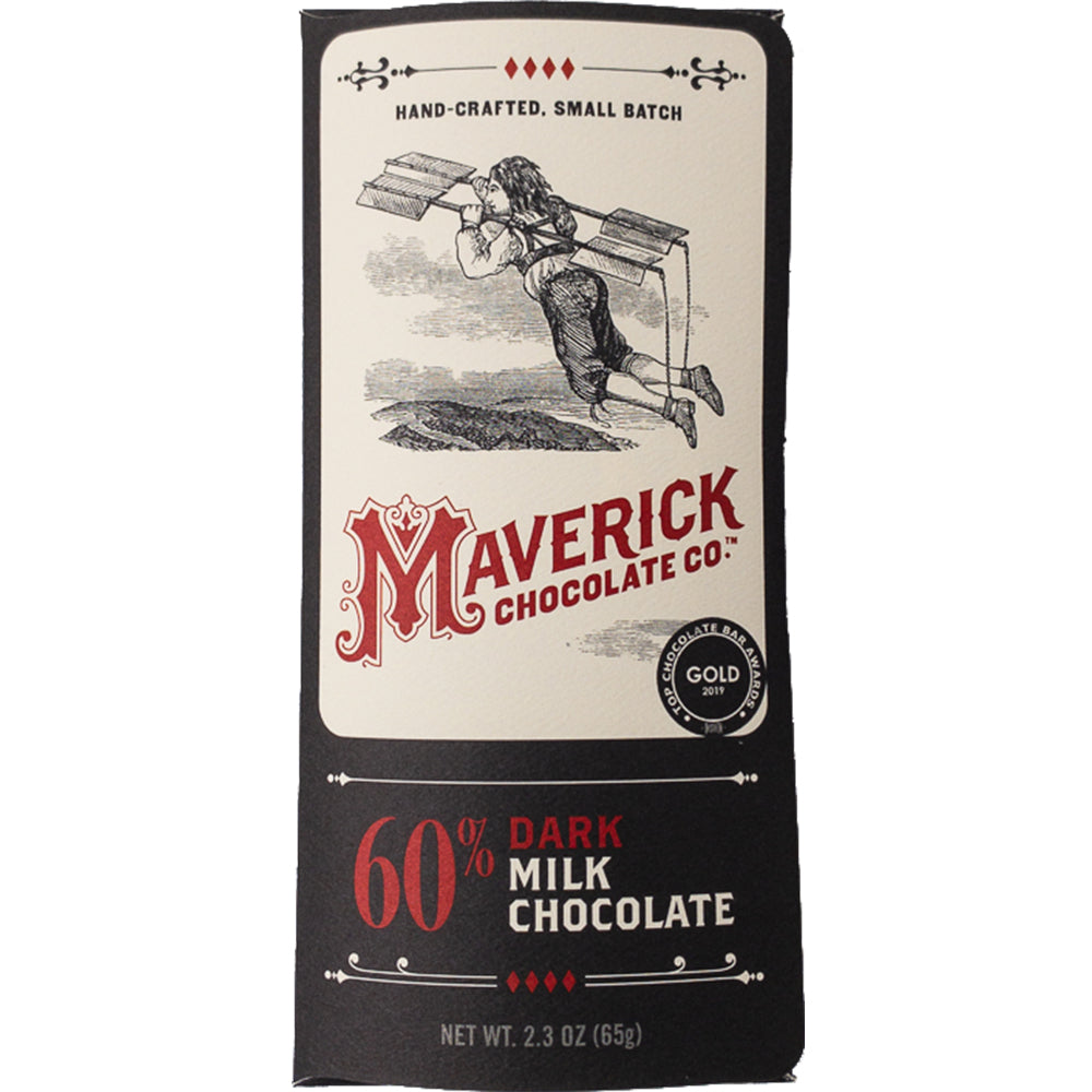 Maverick Chocolate Co. 60% Dark Milk Chocolate bar in its original packaging, featuring a vintage-style illustration of a worker on a chocolate mold and red and black lettering on a cream and black background.