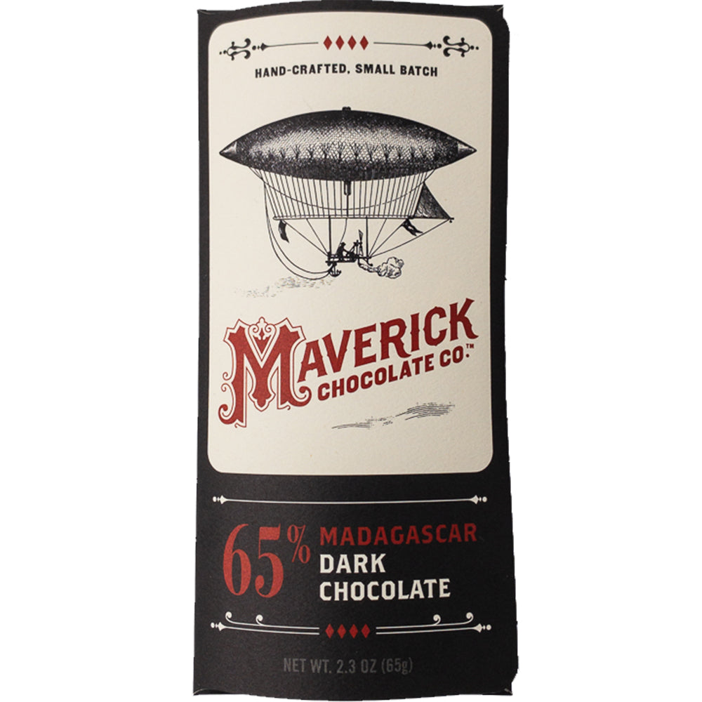 Maverick Chocolate Co. 65% Madagascar Dark Chocolate bar packaging, featuring a vintage airship illustration on an off-white background with a black lower section.
