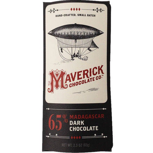Maverick Chocolate Co. 65% Madagascar Dark Chocolate bar packaging, featuring a vintage airship illustration on an off-white background with a black lower section.
