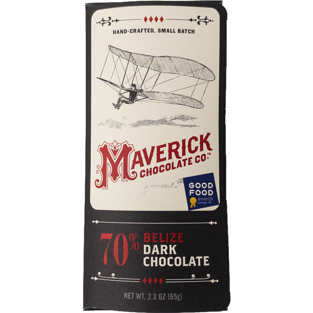 Maverick Chocolate Co. Belize dark chocolate bar packaging with airplane illustration and Good Food Award logo.