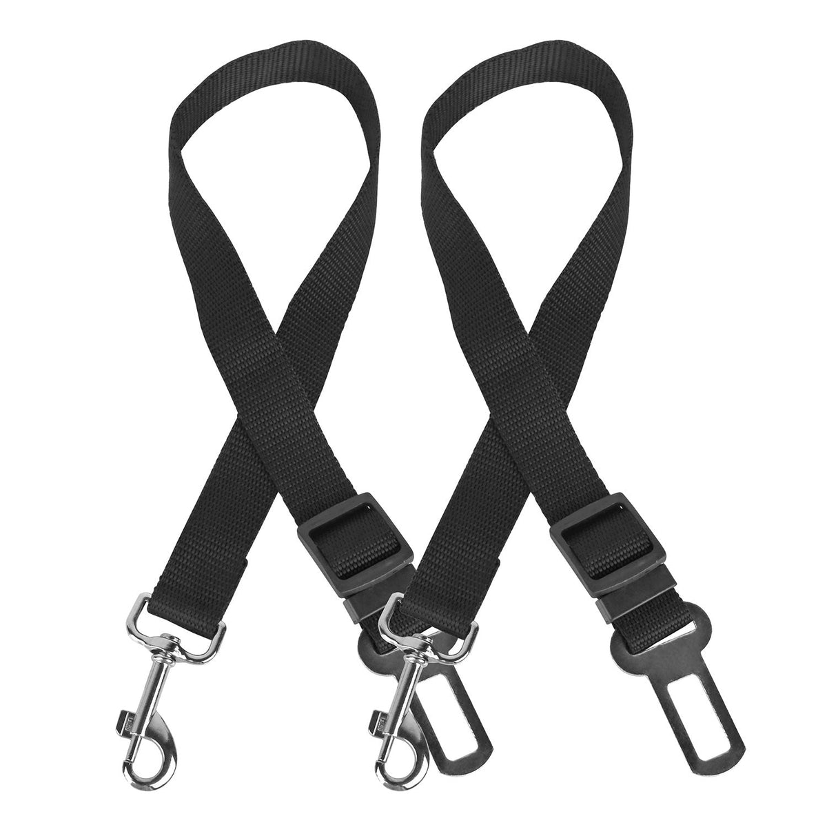 Two black nylon pet leash straps with silver metal clamps, shown on a plain white background.