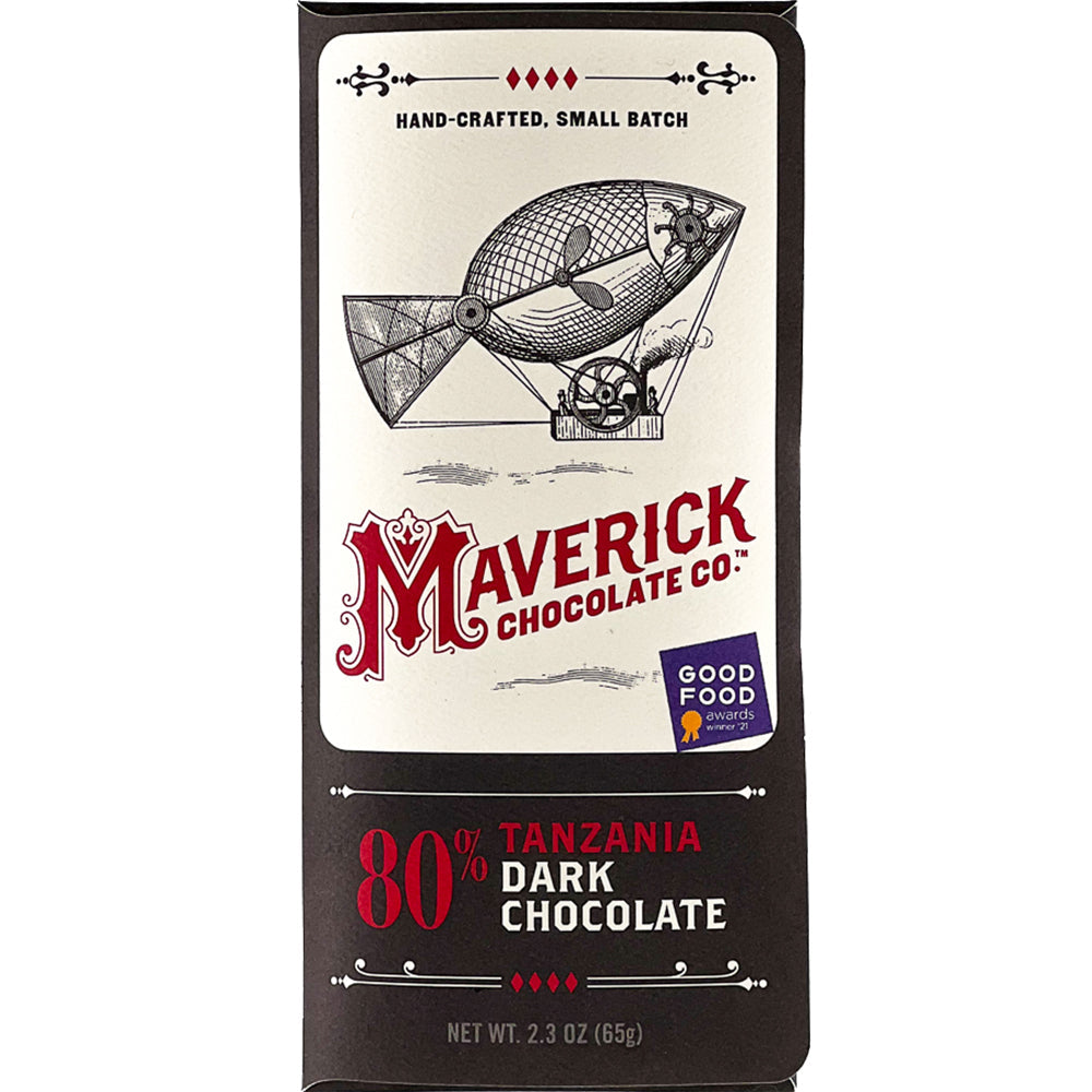 Maverick Chocolate Co. 80% Tanzania Dark Chocolate bar packaging, featuring a black and white box with a vintage-style blimp illustration and red branding.