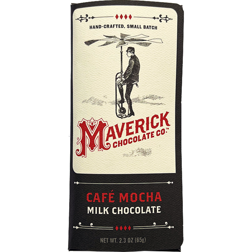 Maverick Chocolate Co. Café Mocha Milk Chocolate bar packaging, featuring a cream-colored top section with a vintage illustration and red logo, and a black bottom section with white and red text.