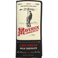 Maverick Chocolate Co. Café Mocha Milk Chocolate bar packaging, featuring a cream-colored top section with a vintage illustration and red logo, and a black bottom section with white and red text.