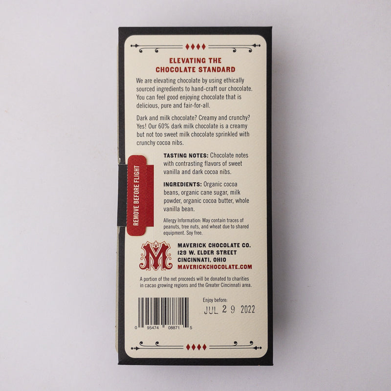Maverick Chocolate Co. packaging with text and branding on a light gray background