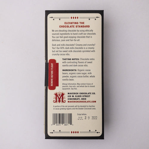 Maverick Chocolate Co. packaging with text and branding on a light gray background