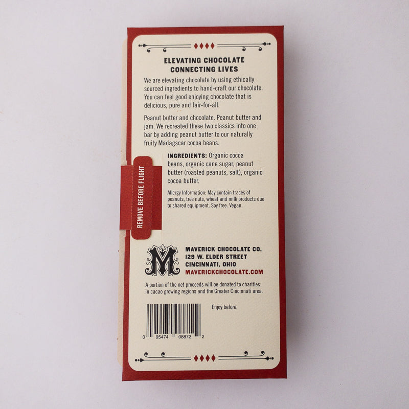 Back of a chocolate bar packaging with text and branding on a light gray background