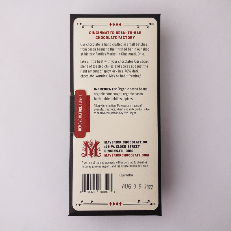 Maverick Chocolate Company packaging with text and branding on a light gray background