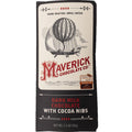 Maverick Chocolate Co. Dark Milk Chocolate with Cocoa Nibs bar packaging, featuring a vintage-style illustration of a hot air balloon on an off-white label above a black lower section with red and white text.