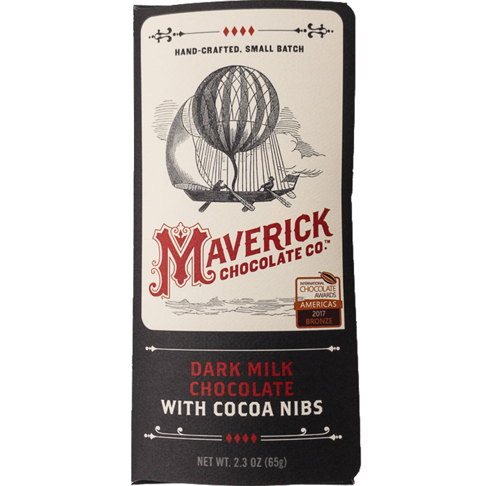 Maverick Chocolate Co. Dark Milk Chocolate with Cocoa Nibs bar packaging, featuring a vintage-style illustration of a hot air balloon on an off-white label above a black lower section with red and white text.