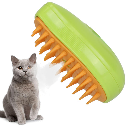 Green and orange pet grooming brush next to a gray cat on a white background