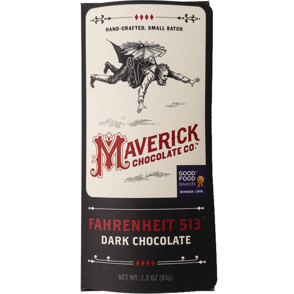 Maverick Chocolate Co. Fahrenheit 513 Dark Chocolate bar packaging, featuring a cream and black design with red lettering and an illustration of a flying figure.