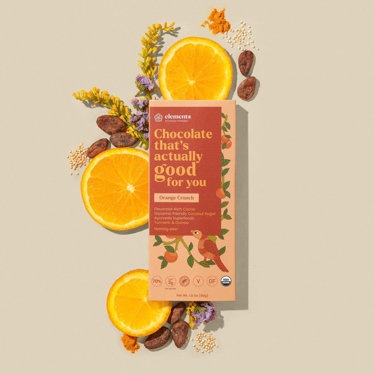 Orange Crunch chocolate bar box with oranges, dates, and flowers by Elements Truffles