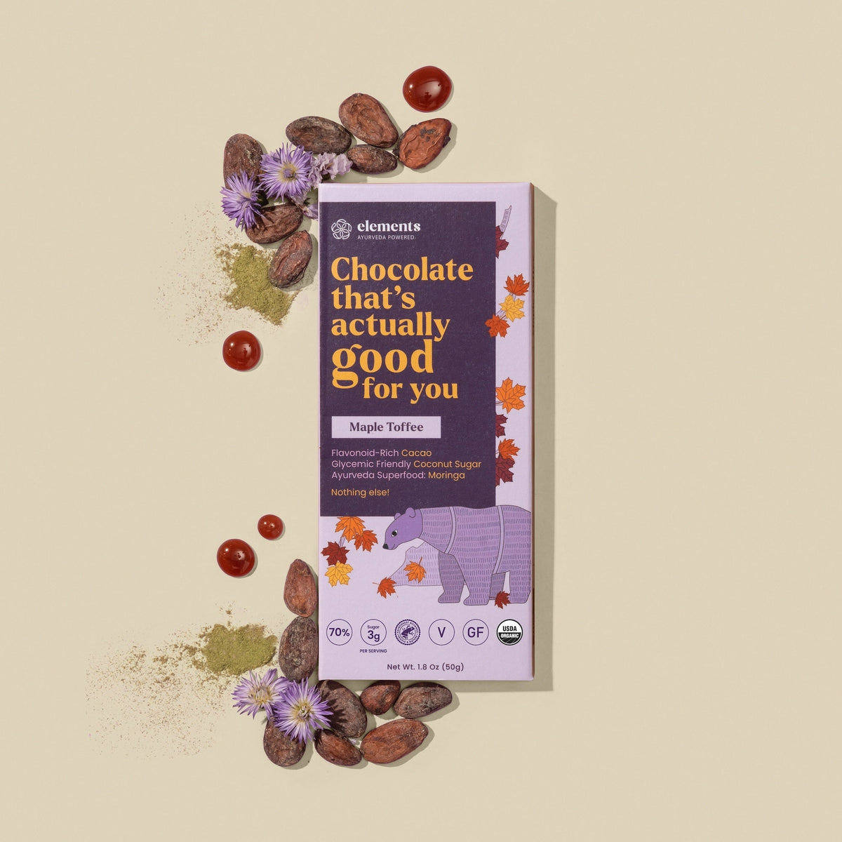 Maple Toffee dark chocolate bar packaging with ingredients by Elements Truffles