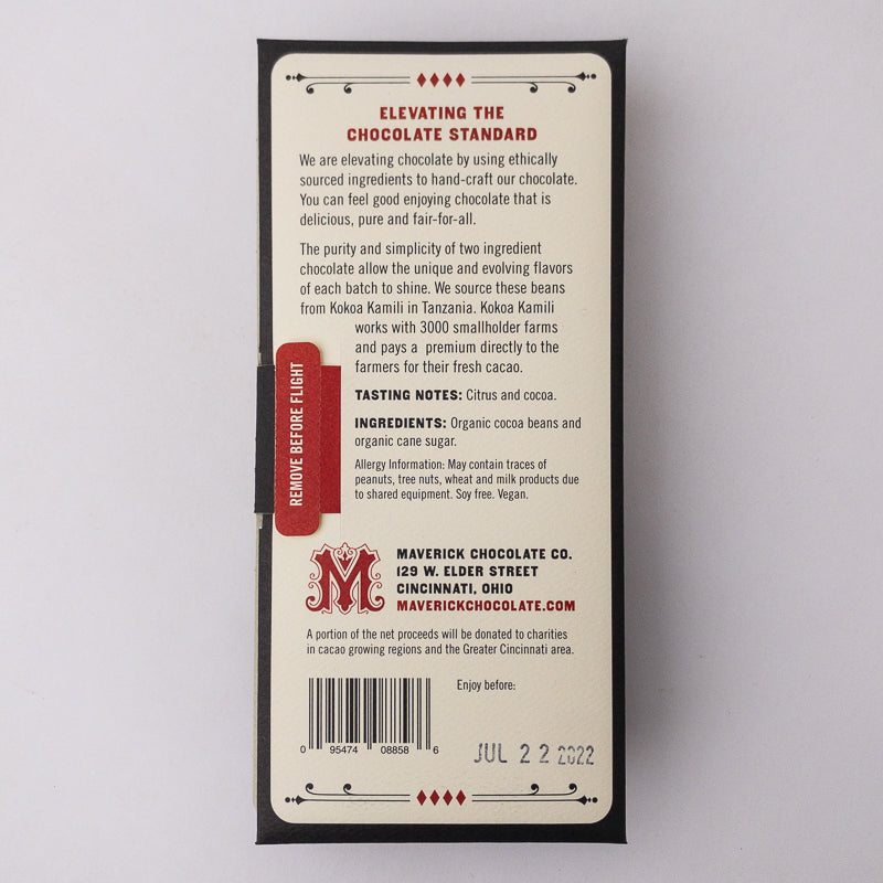 Back of a chocolate packaging with text and branding on a light gray background