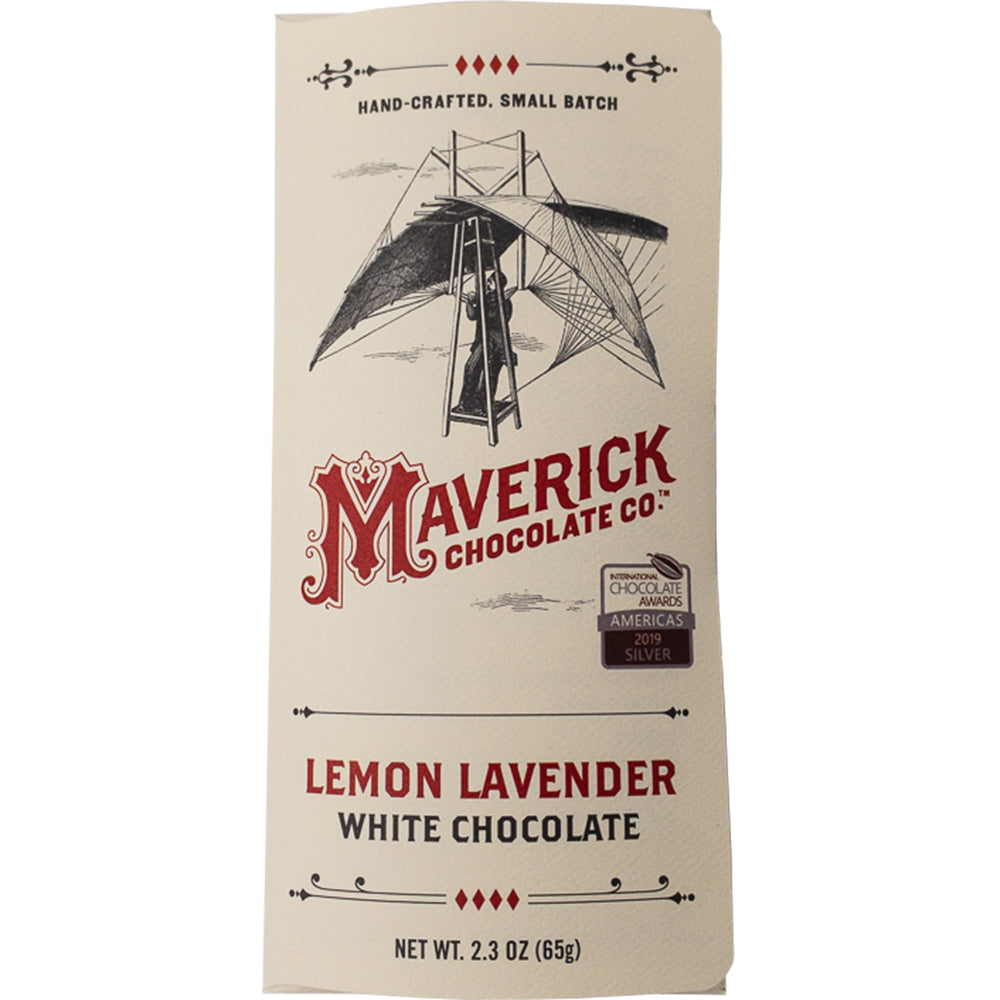 Maverick Chocolate Co. lemon lavender white chocolate packaging on a white background
