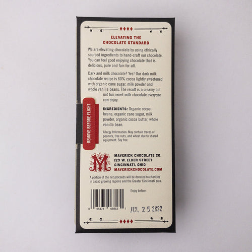 Back of a chocolate bar packaging with text and branding on a light gray background