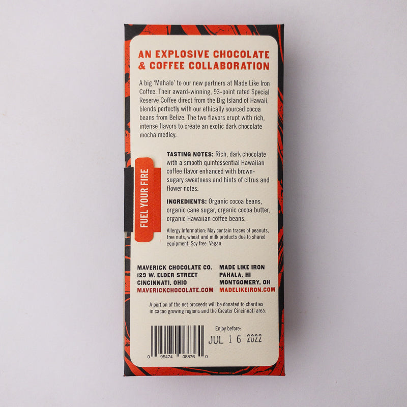 Back of a chocolate packaging with text and branding on a gray background
