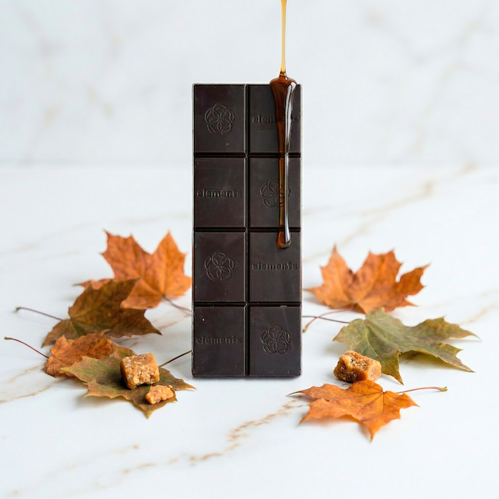 Maple Toffee dark chocolate bar with caramel drizzle and autumn leaves by Elements Truffles