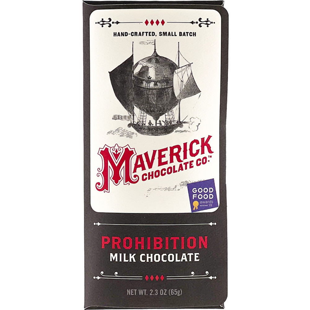 Maverick Chocolate Co. Prohibition Milk Chocolate bar in its original packaging, featuring a black and white illustration of a sailing ship on a white label with red and black text.