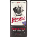 Maverick Chocolate Co. Prohibition Milk Chocolate bar in its original packaging, featuring a black and white illustration of a sailing ship on a white label with red and black text.