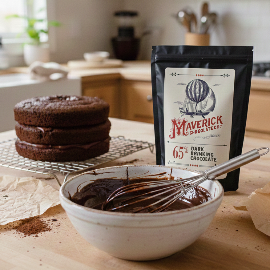 Chocolate cake, bowl of chocolate mixture, and package of Maverick Dark Drinking Chocolate on a kitchen counter.