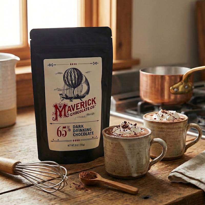 Maverick Chocolate Co. dark drinking chocolate package with two mugs of hot chocolate on a wooden table.