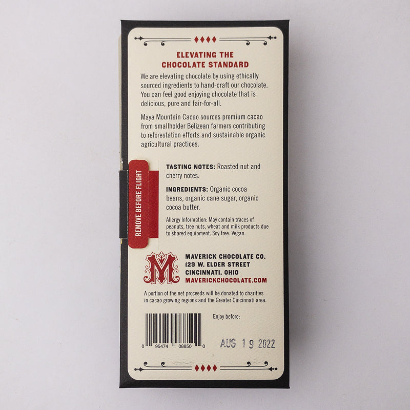 Back of a chocolate packaging with text and branding on a gray background