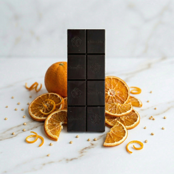 Orange Crunch dark chocolate bar with orange slices by Elements Truffles