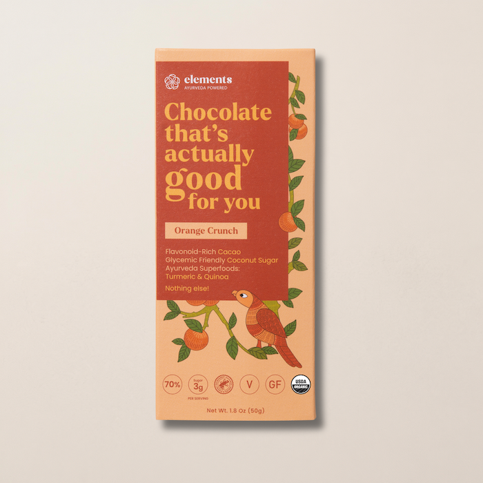 Orange Crunch dark chocolate bar packaging by Elements Truffles