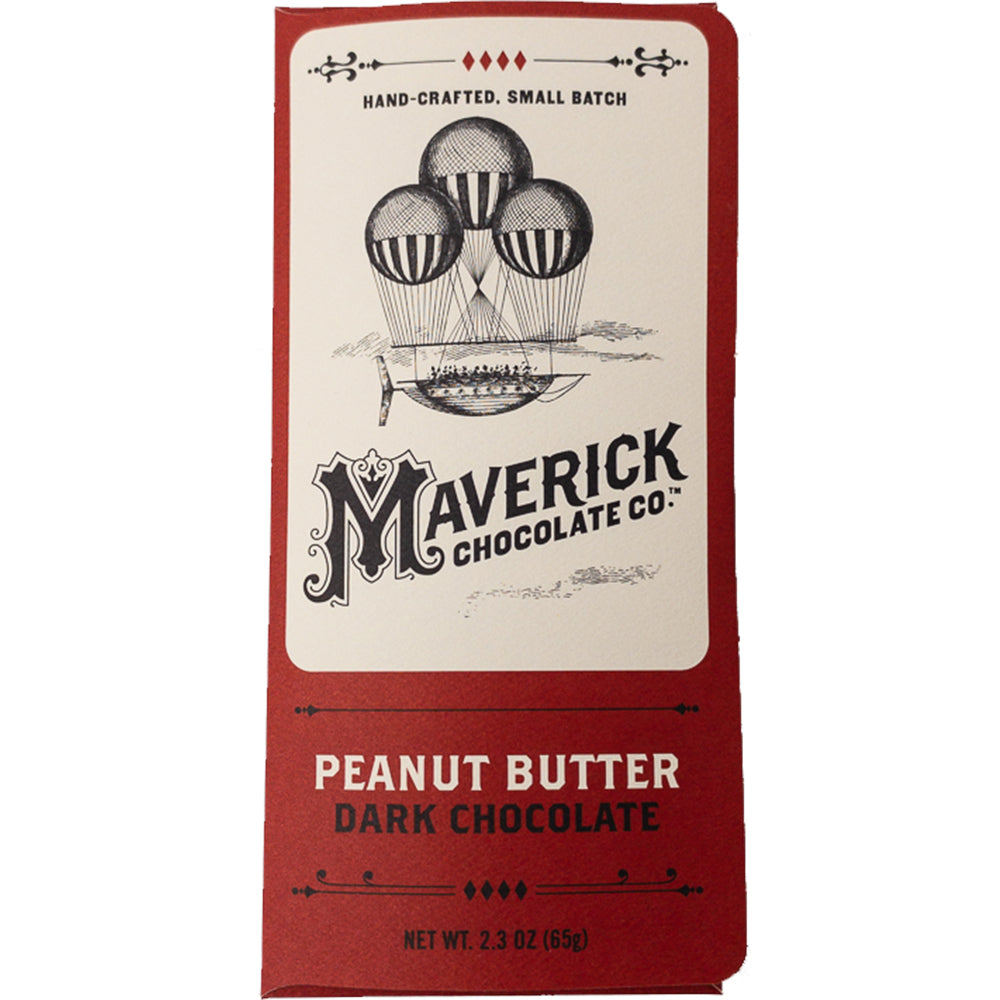 A single packaged chocolate bar from Maverick Chocolate Co. with a red wrapper and cream label featuring an illustration of hot air balloons and the text 'Peanut Butter Dark Chocolate' and 'Net Wt.