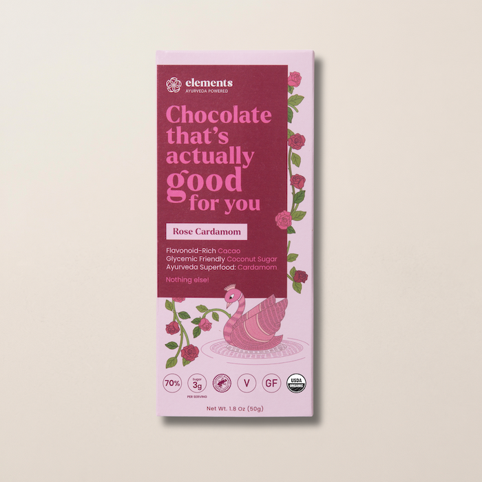 Rose Cardamom dark chocolate bar packaging by Elements Truffles