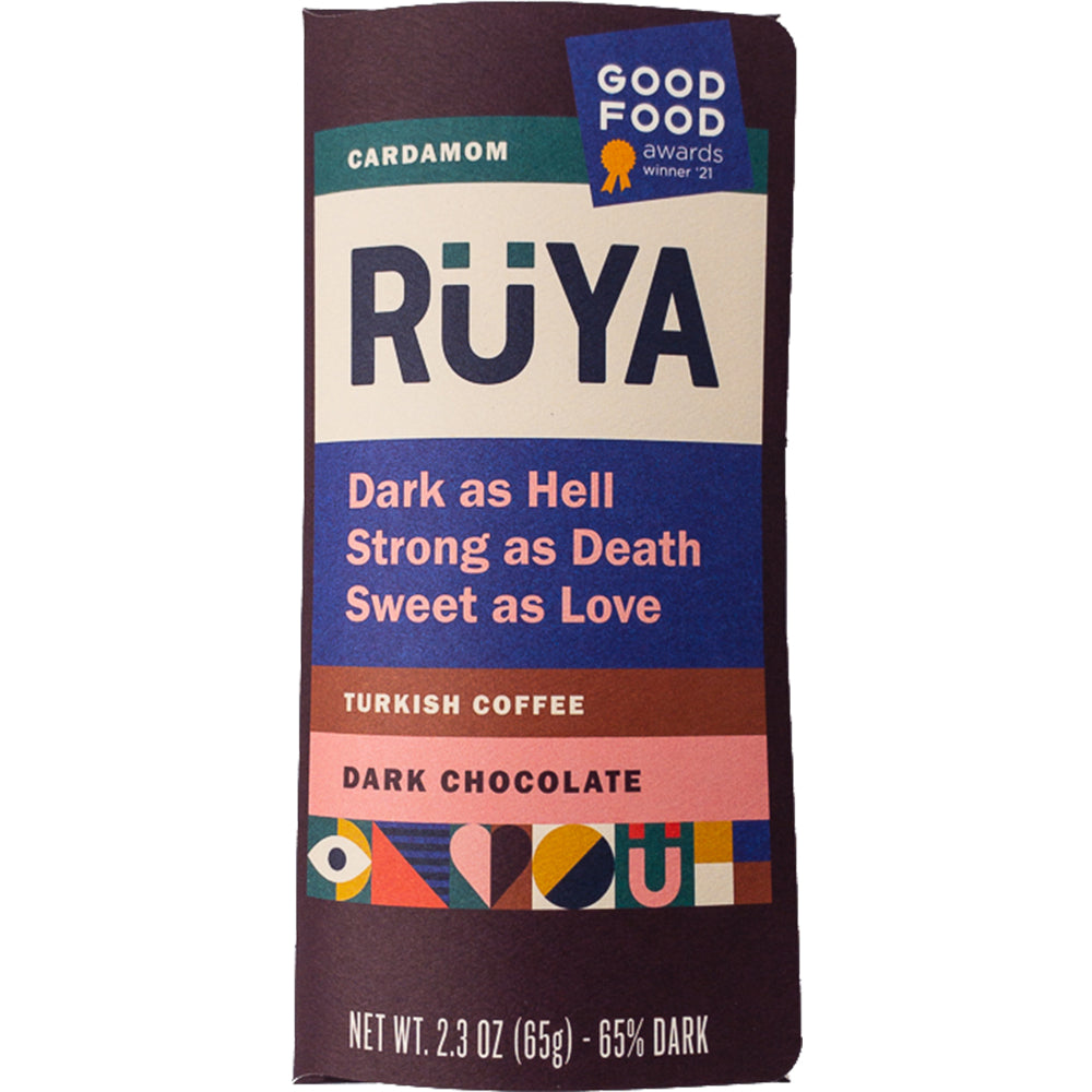 A single bar of Rÿaya chocolate in the flavor Cardamom, featuring a dark brown wrapper with a colorful geometric pattern at the bottom and text highlighting its intense dark chocolate taste.