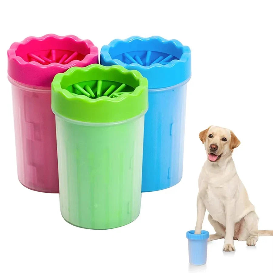 White dog being held by a person with a blue cup
