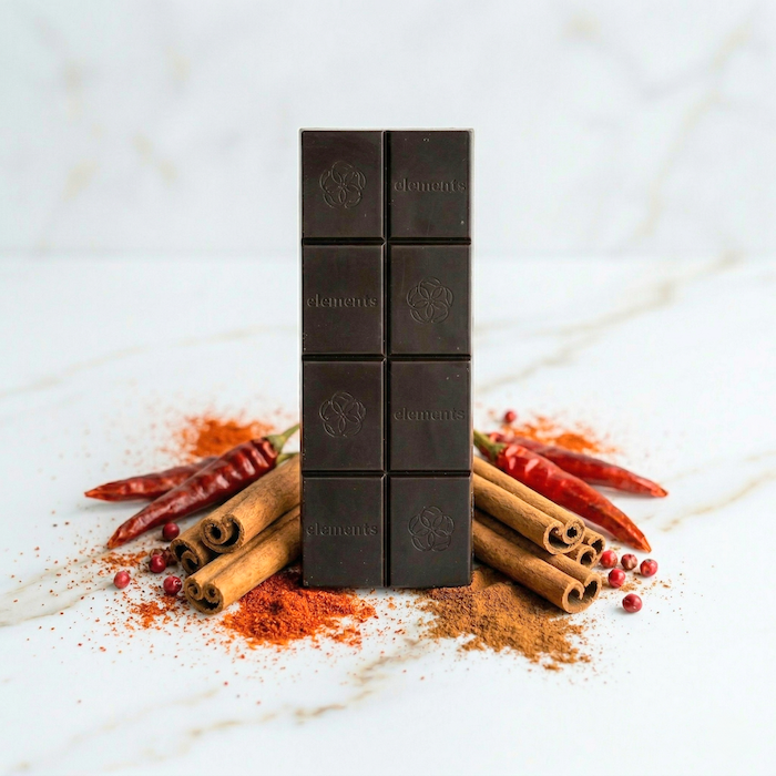 Spicy Cayenne & Cinnamon dark chocolate bars with spices by Elements Truffles