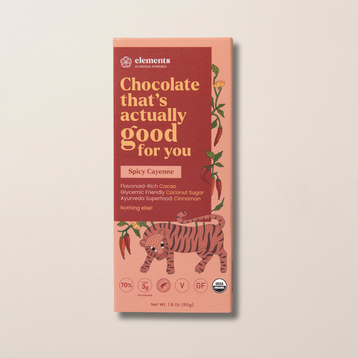 Spicy Cayenne & Cinnamon dark chocolate bar packaging by Elements Truffles