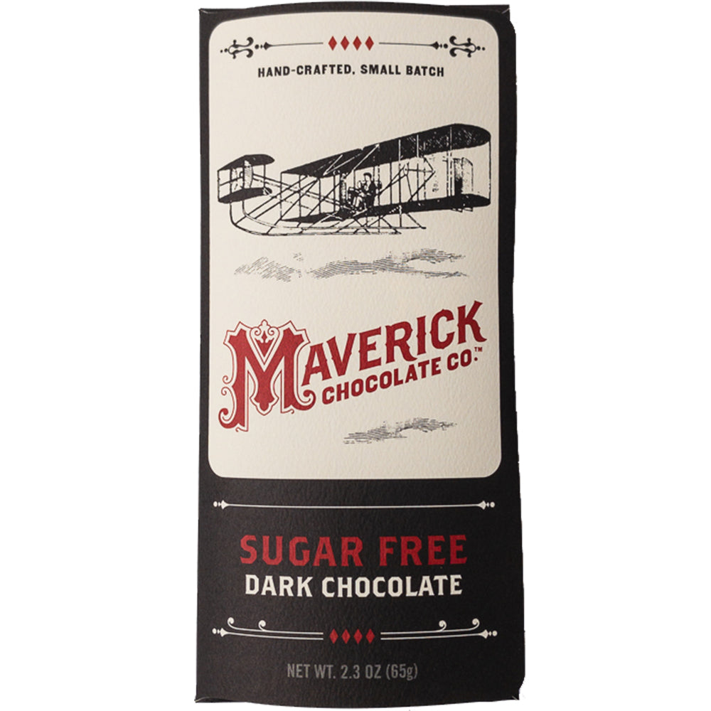 Maverick Chocolate Co. sugar free dark chocolate bar packaging, featuring a vintage biplane illustration on a cream and black background.