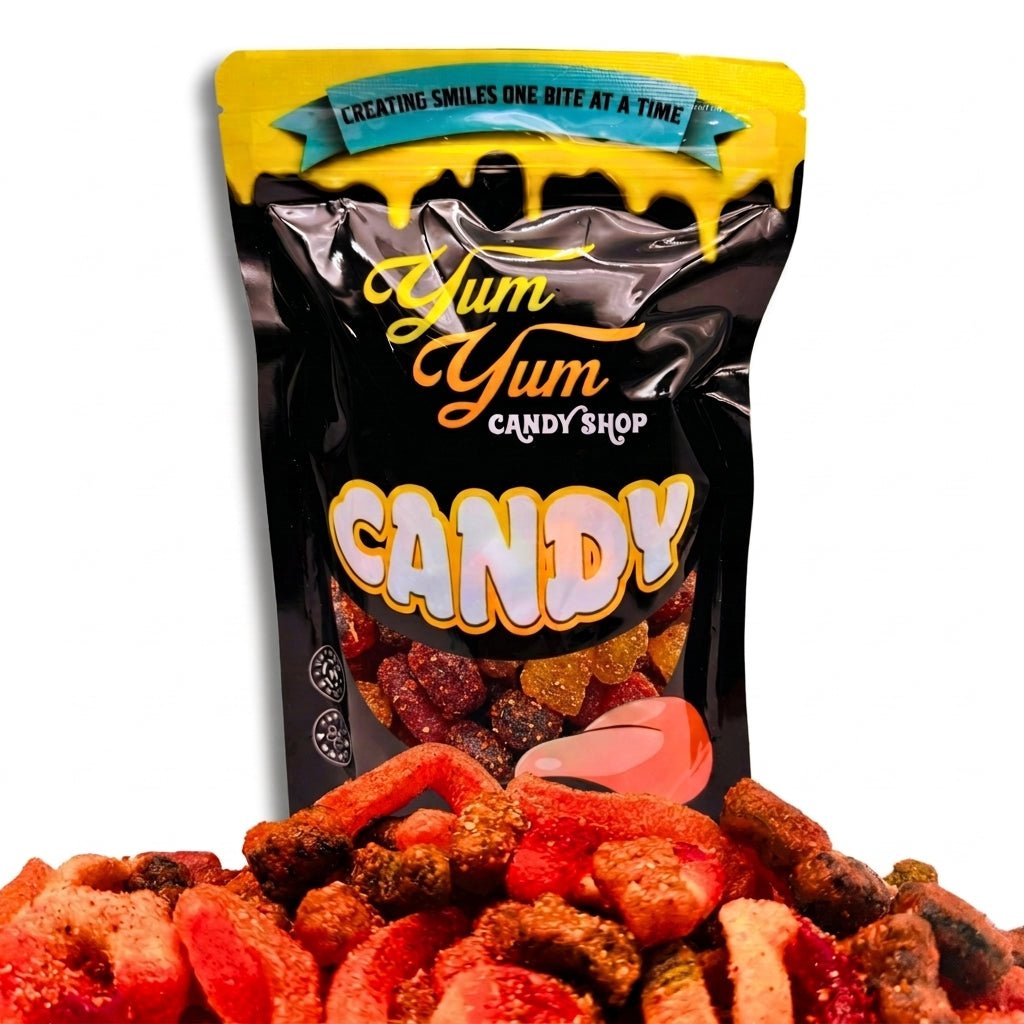 Bag of Yum Yum Candy Shop chamoy gummy mix with colorful label