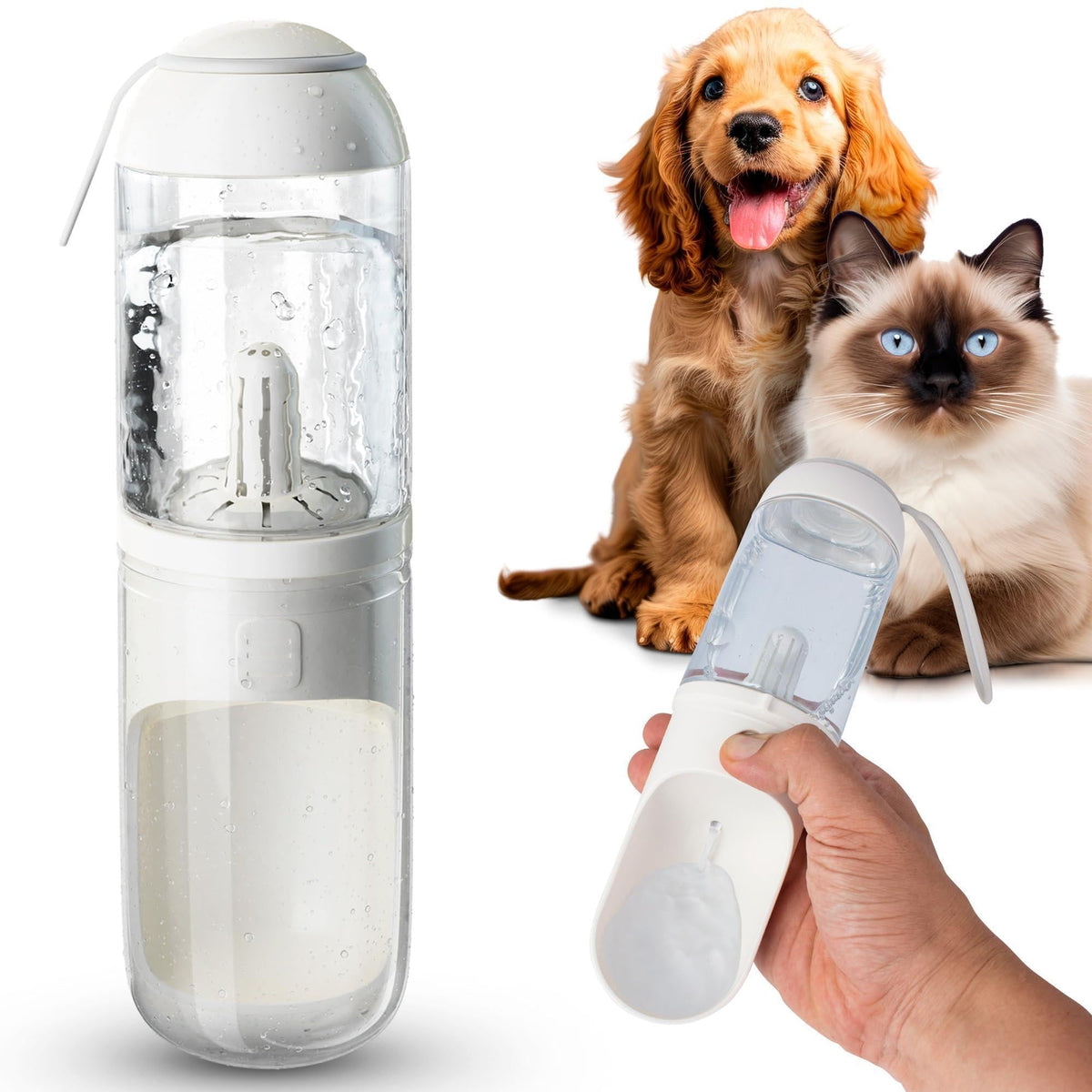 Pet water bottle with a dog and cat on a white background