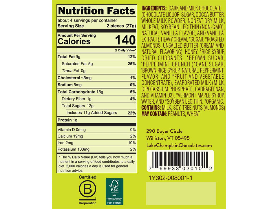 Lake Champlain Chocolates of Vermont 8-piece gift box nutrition facts label